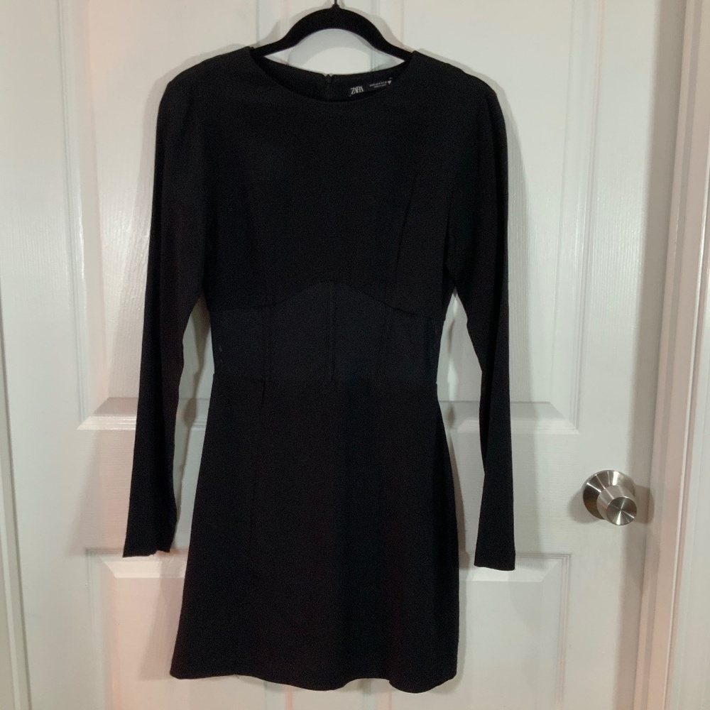 Zara Bodycon Black Corset Mesh Long Sleeves Mini Dress Size Small